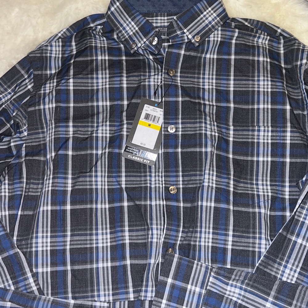 Van Heusen Blue and Gray Plaid Shirt men size medium New with tags